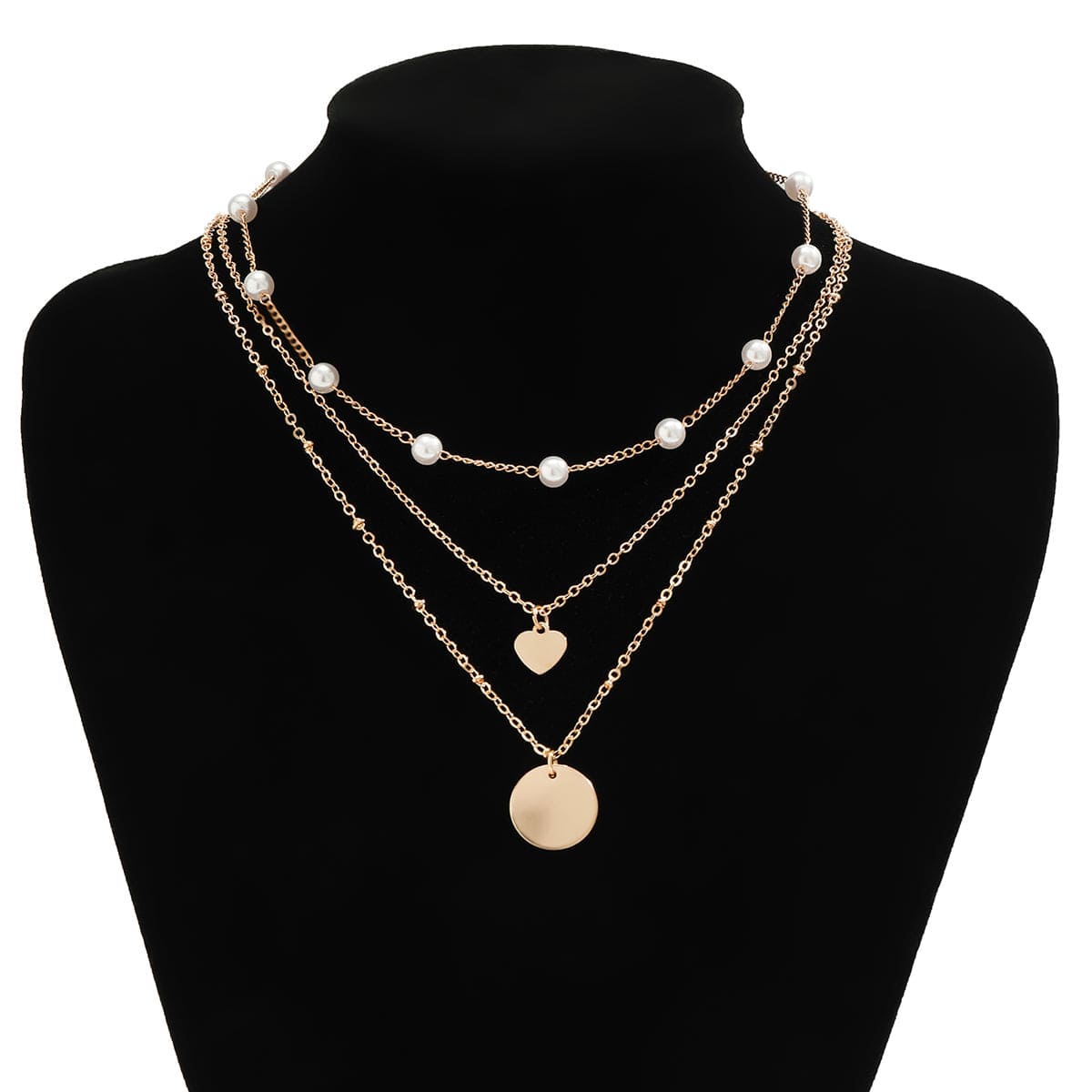 Chic Layered Round Disk Heart Pendant Pearl Chain Necklace Set - ArtGalleryZen