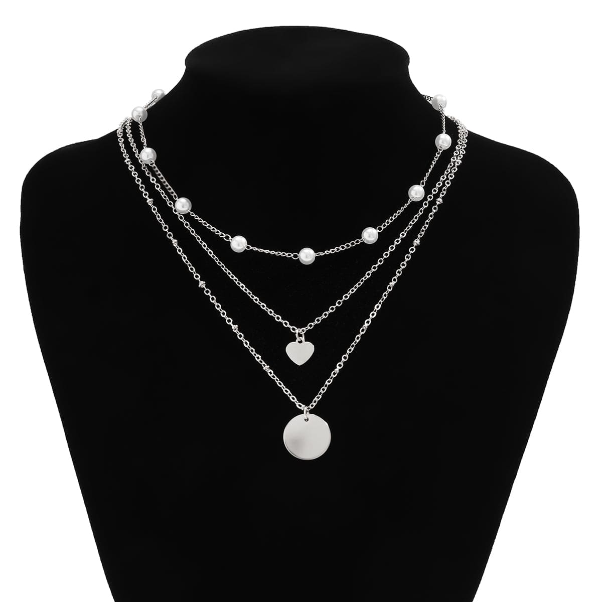 Chic Layered Round Disk Heart Pendant Pearl Chain Necklace Set - ArtGalleryZen