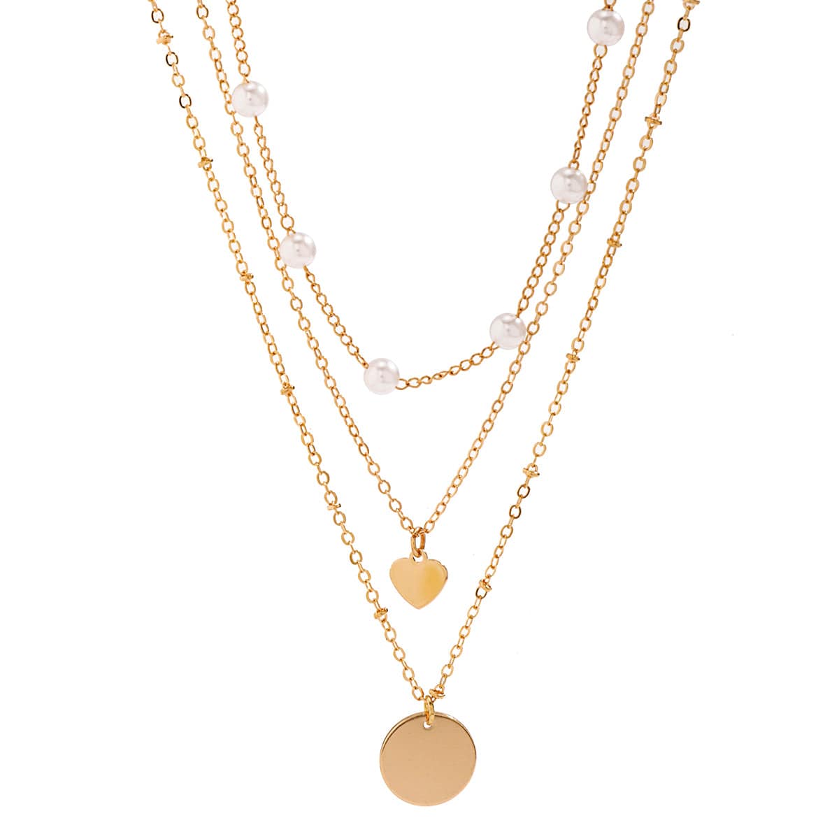 Chic Layered Round Disk Heart Pendant Pearl Chain Necklace Set - ArtGalleryZen