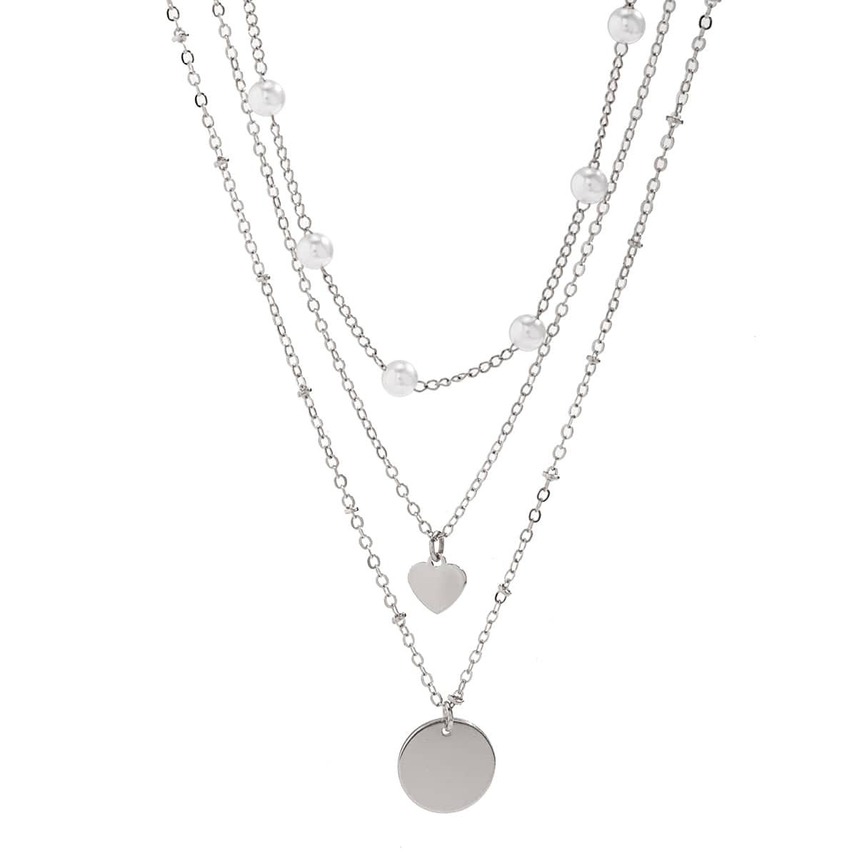 Chic Layered Round Disk Heart Pendant Pearl Chain Necklace Set - ArtGalleryZen