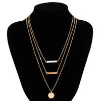 Thumbnail for Chic Layered Round Disk Metal Bar Pearl Pendant Cable Chain Necklace Set - ArtGalleryZen