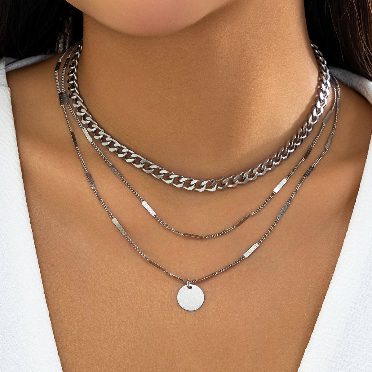 Chic Layered Round Disk Pendant Curb Chain Necklace Set - ArtGalleryZen