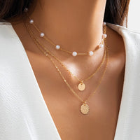 Thumbnail for Chic Layered Round Disk Pendant Pearl Chain Necklace Set - ArtGalleryZen