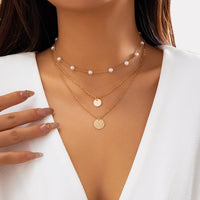 Thumbnail for Chic Layered Round Disk Pendant Pearl Chain Necklace Set - ArtGalleryZen