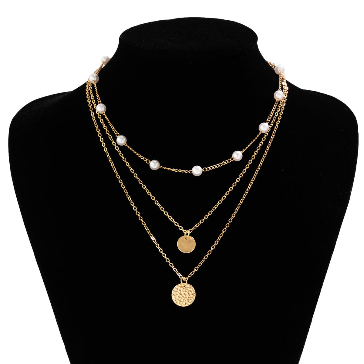 Chic Layered Round Disk Pendant Pearl Chain Necklace Set - ArtGalleryZen