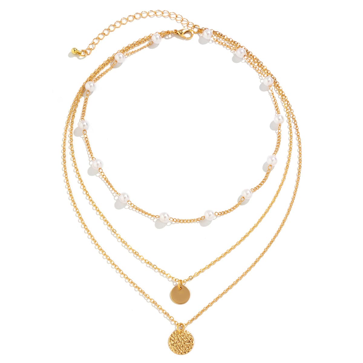 Chic Layered Round Disk Pendant Pearl Chain Necklace Set - ArtGalleryZen