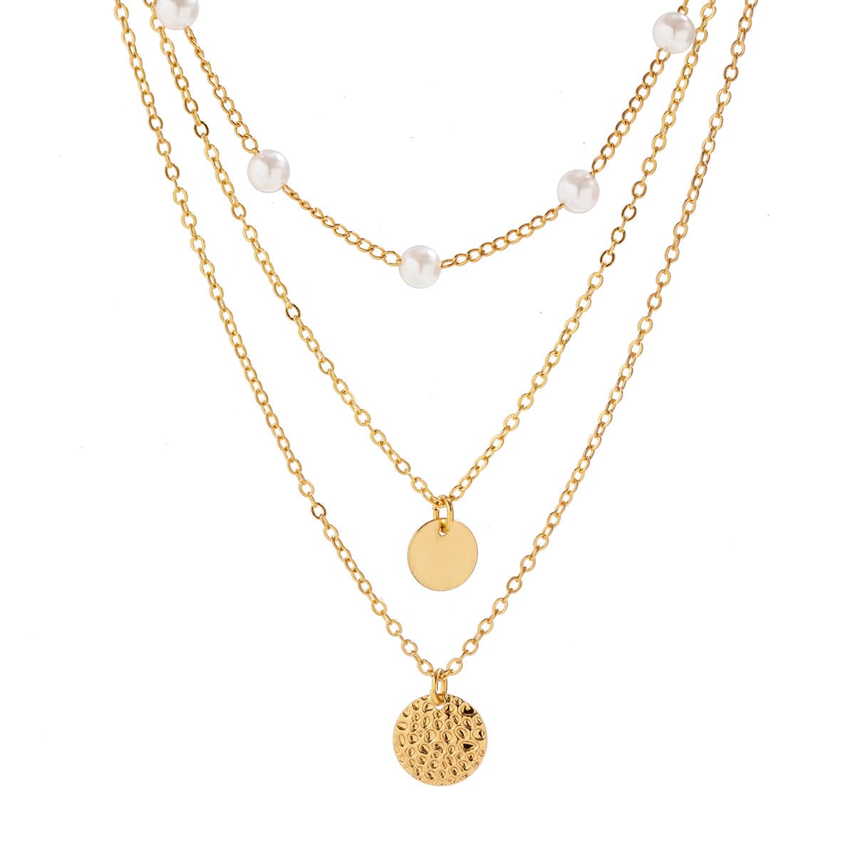 Chic Layered Round Disk Pendant Pearl Chain Necklace Set - ArtGalleryZen