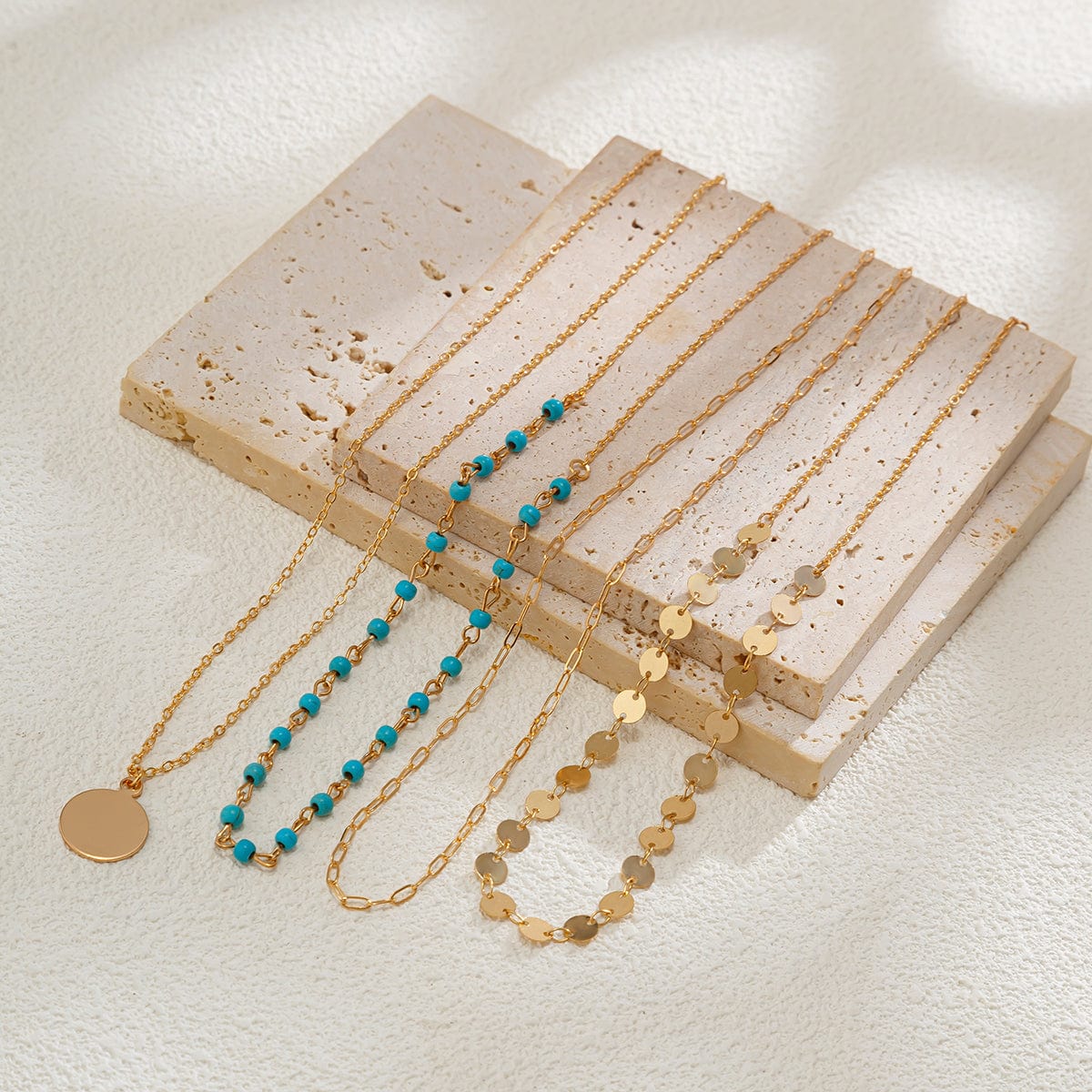 Chic Layered Round Disk Pendant Turquoise Chain Necklace Set - ArtGalleryZen