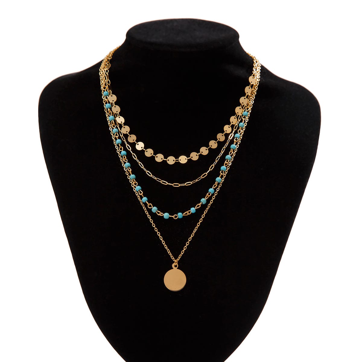 Chic Layered Round Disk Pendant Turquoise Chain Necklace Set - ArtGalleryZen