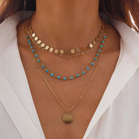 Thumbnail for Chic Layered Round Disk Pendant Turquoise Chain Necklace Set