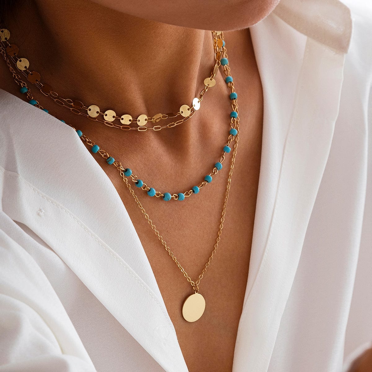 Chic Layered Round Disk Pendant Turquoise Chain Necklace Set