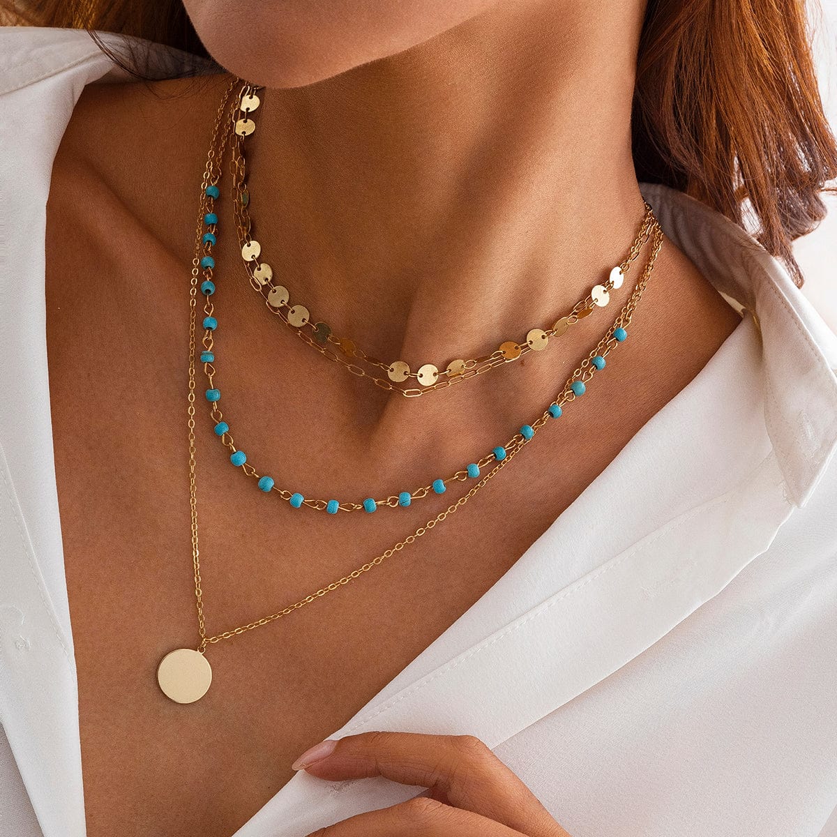 Chic Layered Round Disk Pendant Turquoise Chain Necklace Set