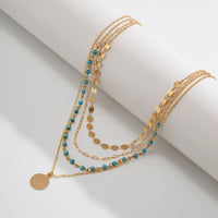 Thumbnail for Chic Layered Round Disk Pendant Turquoise Chain Necklace Set