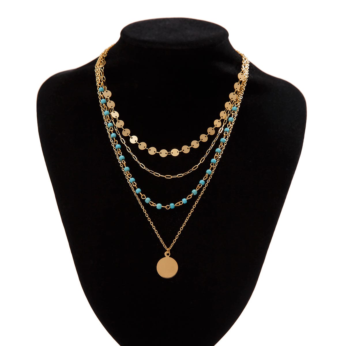 Chic Layered Round Disk Pendant Turquoise Chain Necklace Set