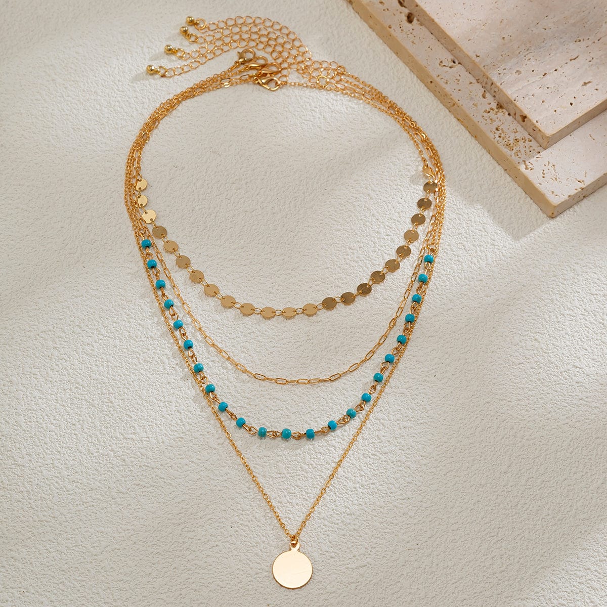 Chic Layered Round Disk Pendant Turquoise Chain Necklace Set