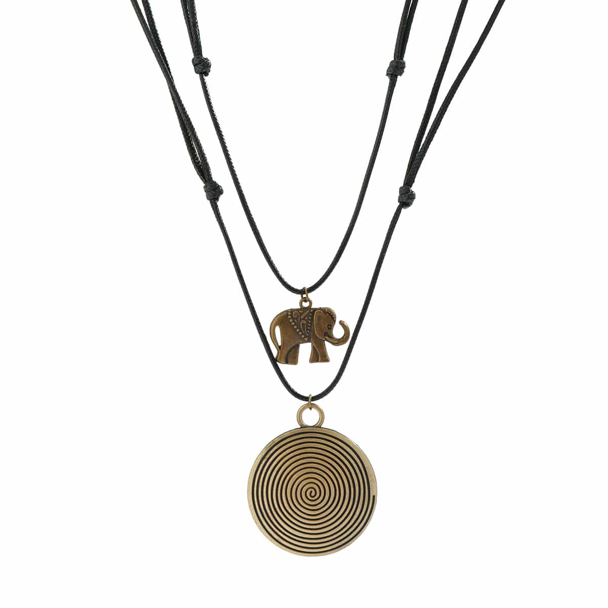 Chic Layered Round Spiral Elephant Butterfly Pendant Wax Cord String Necklace Set - ArtGalleryZen