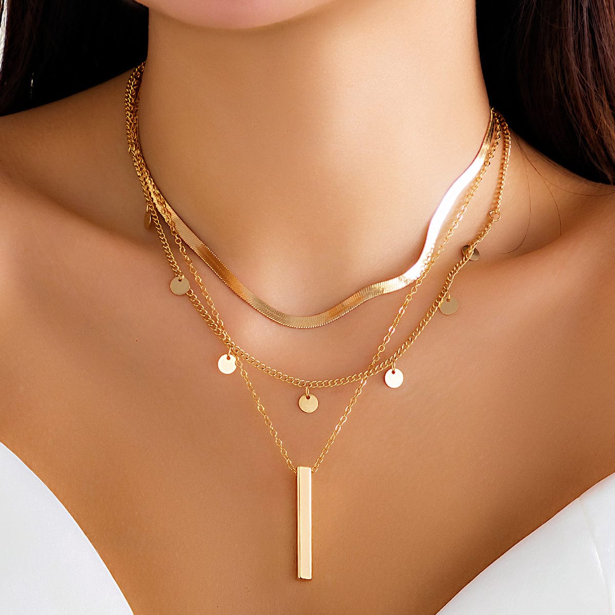 Chic Layered Sequins Tassel Bar Pendant Snake Chain Necklace Set - ArtGalleryZen