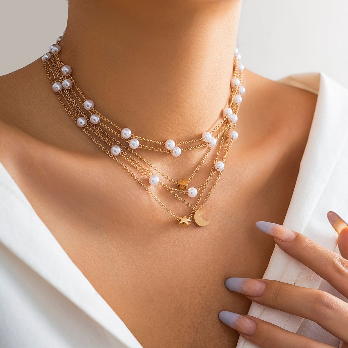 Chic Layered Star Heart Moon Pendant Pearl Chain Necklace Set - ArtGalleryZen