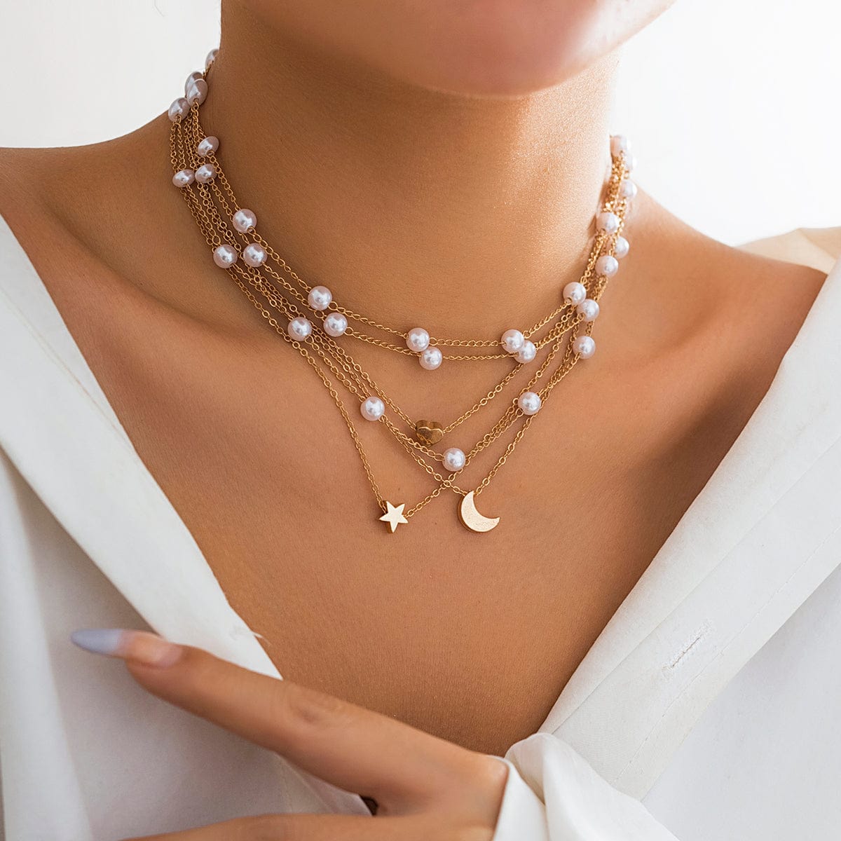 Chic Layered Star Heart Moon Pendant Pearl Chain Necklace Set - ArtGalleryZen