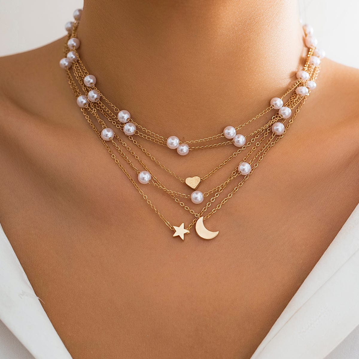 Chic Layered Star Heart Moon Pendant Pearl Chain Necklace Set - ArtGalleryZen