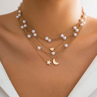 Thumbnail for Chic Layered Star Heart Moon Pendant Pearl Chain Necklace Set - ArtGalleryZen