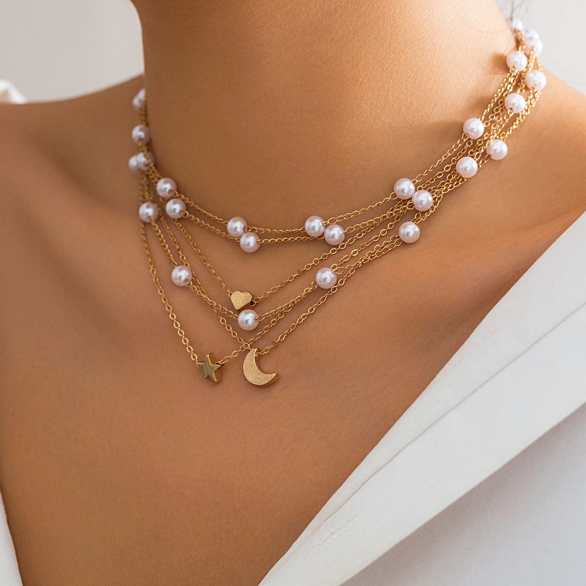 Chic Layered Star Heart Moon Pendant Pearl Chain Necklace Set - ArtGalleryZen