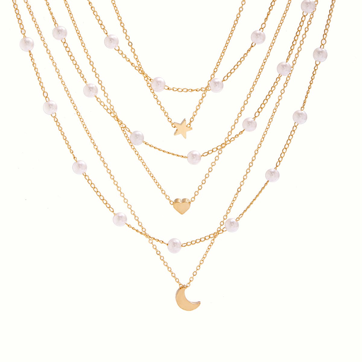 Chic Layered Star Heart Moon Pendant Pearl Chain Necklace Set - ArtGalleryZen