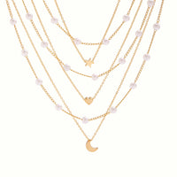 Thumbnail for Chic Layered Star Heart Moon Pendant Pearl Chain Necklace Set - ArtGalleryZen