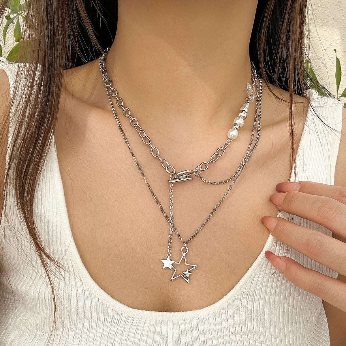 Chic Layered Star Pendant Pearl Chain Y Necklace Set - ArtGalleryZen