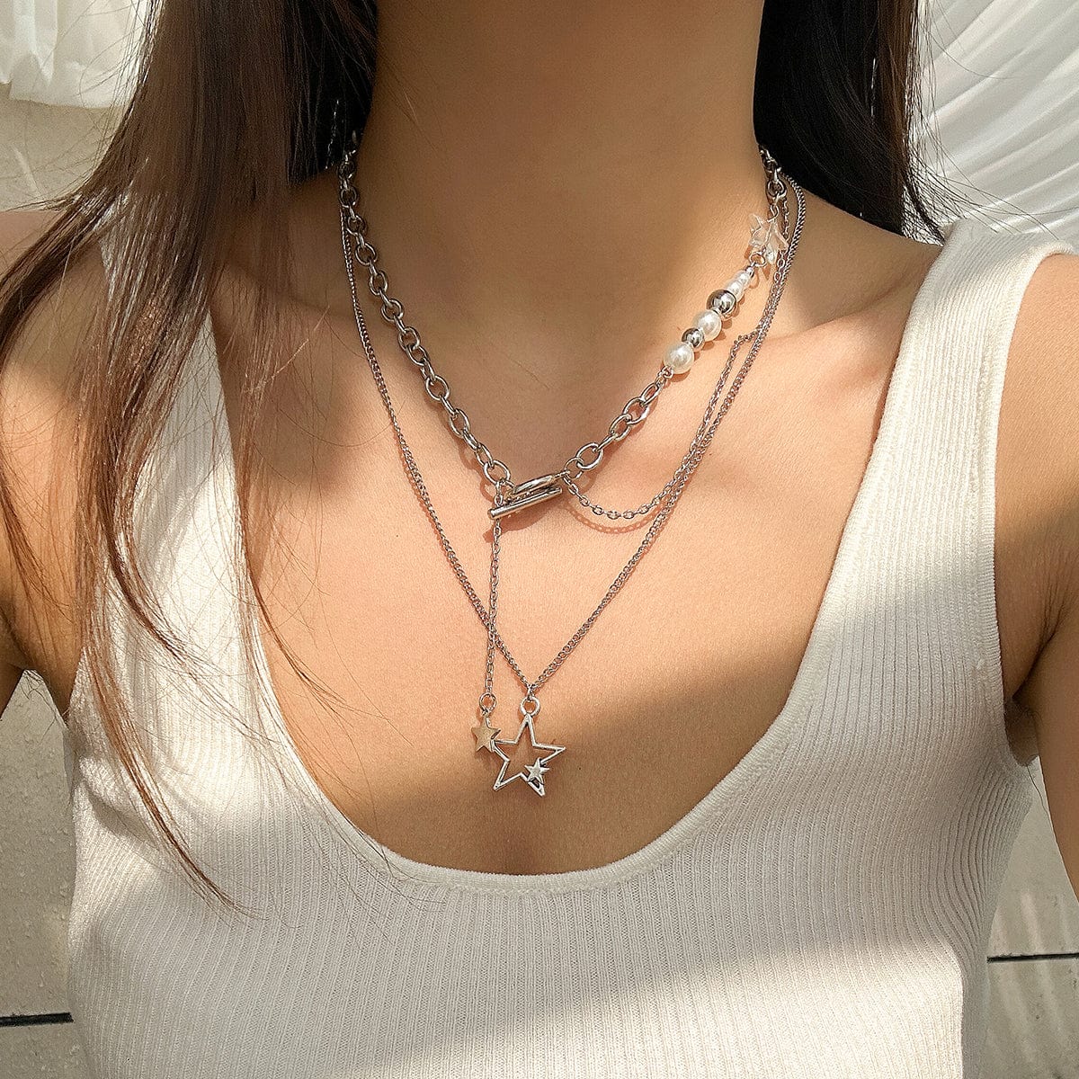 Chic Layered Star Pendant Pearl Chain Y Necklace Set - ArtGalleryZen