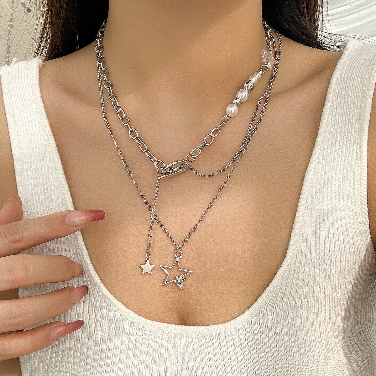 Chic Layered Star Pendant Pearl Chain Y Necklace Set - ArtGalleryZen