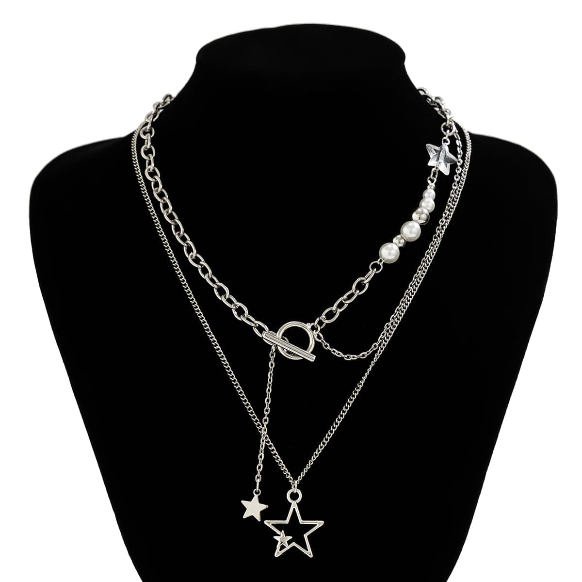 Chic Layered Star Pendant Pearl Chain Y Necklace Set - ArtGalleryZen