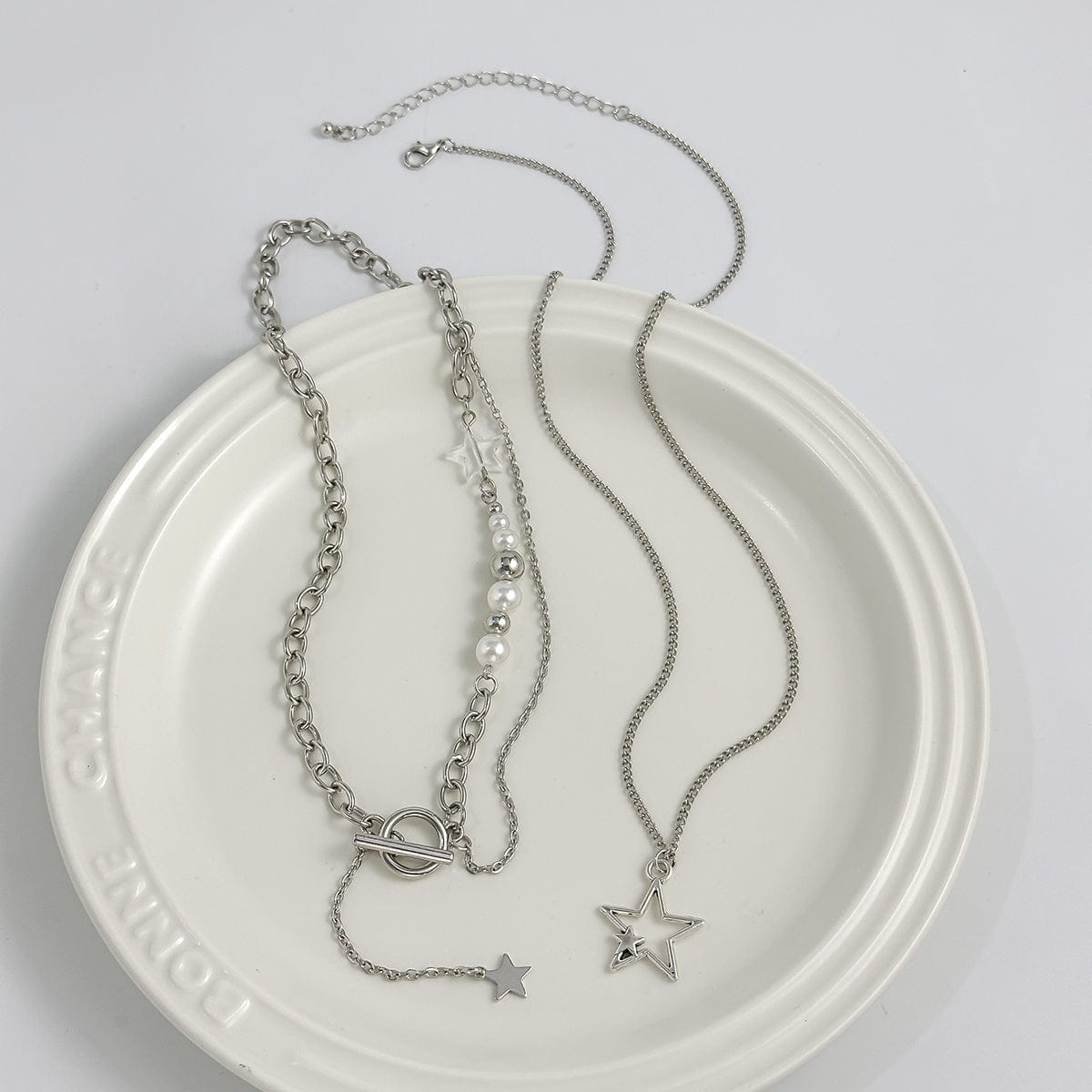 Chic Layered Star Pendant Pearl Chain Y Necklace Set - ArtGalleryZen