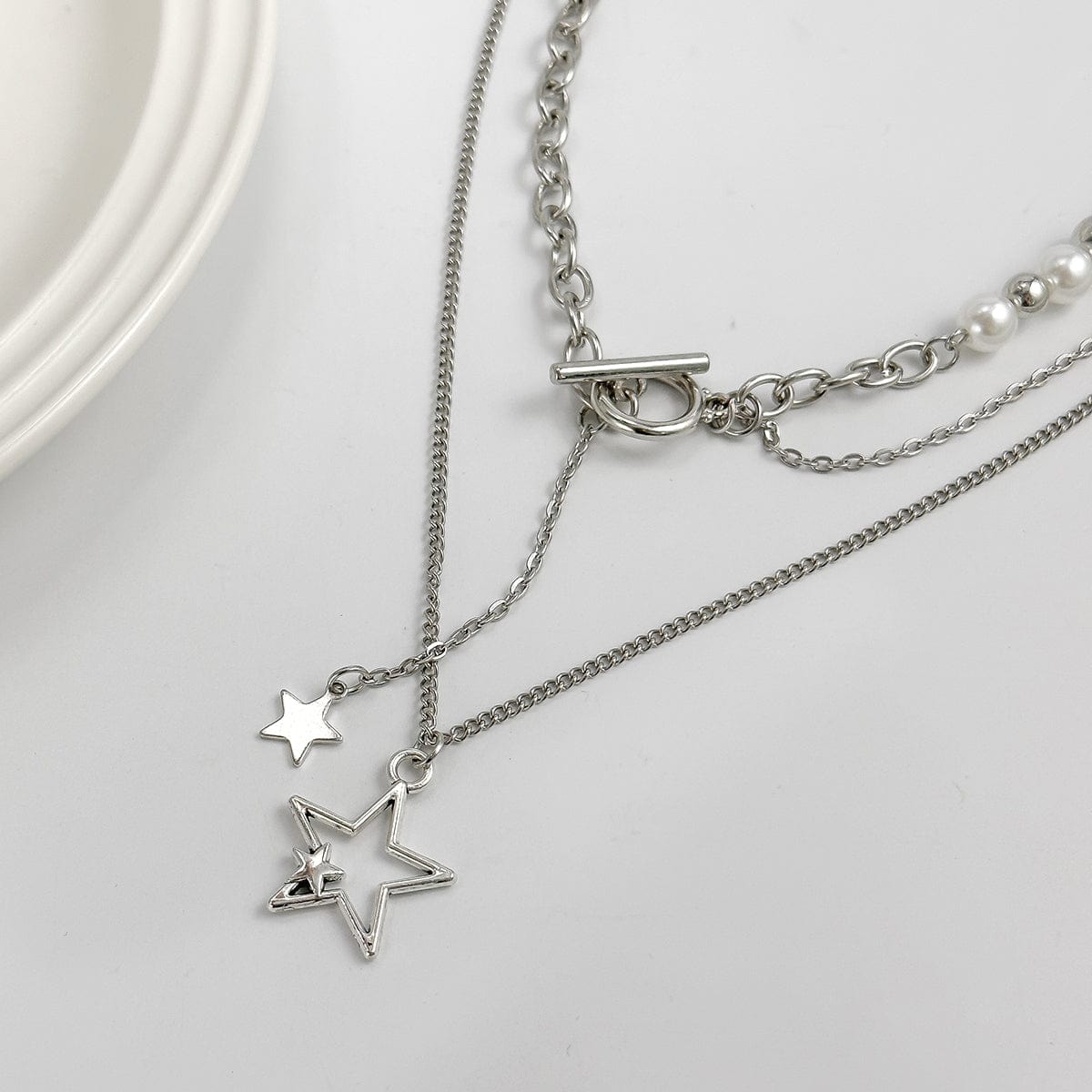 Chic Layered Star Pendant Pearl Chain Y Necklace Set - ArtGalleryZen