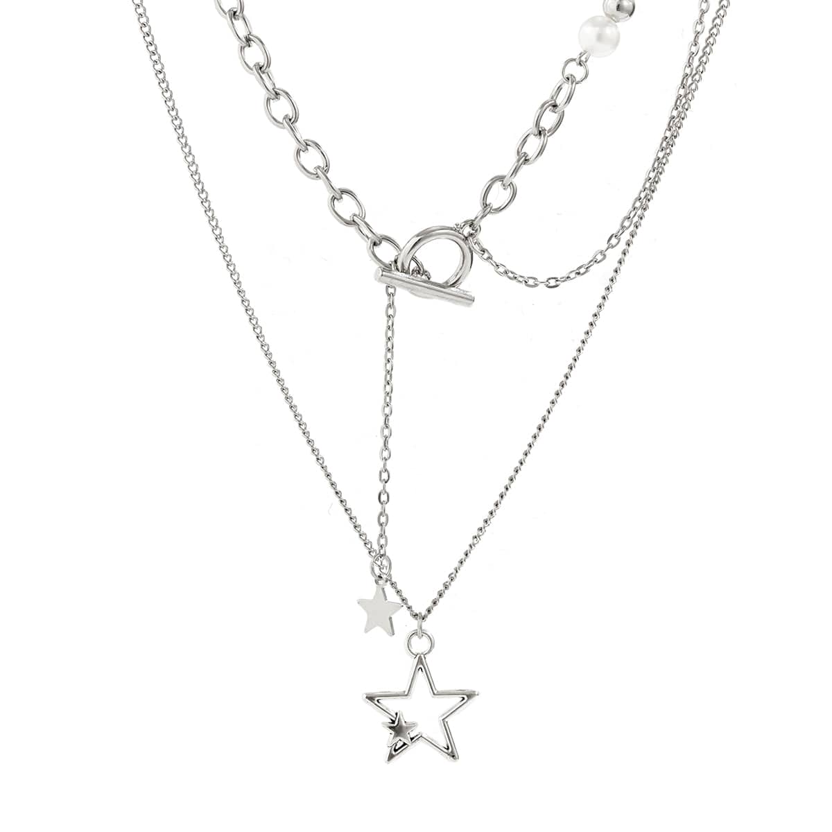 Chic Layered Star Pendant Pearl Chain Y Necklace Set - ArtGalleryZen