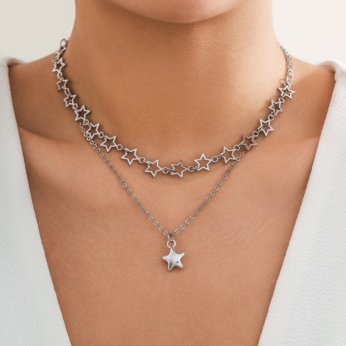 Chic Layered Star Pendant Pentagon Chain Necklace Set - ArtGalleryZen