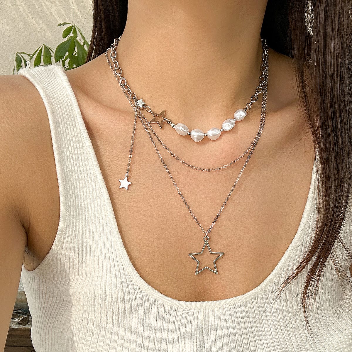 Bohemia Layered Starry Pendant Pearl Chain Necklace Set - ArtGalleryZen