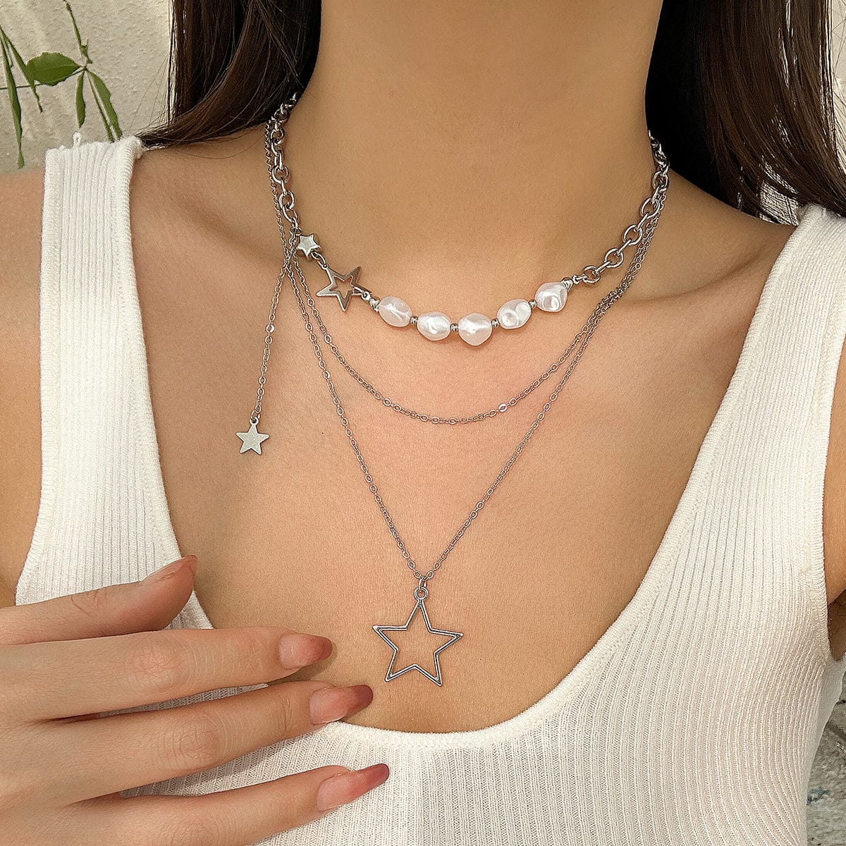 Bohemia Layered Starry Pendant Pearl Chain Necklace Set - ArtGalleryZen