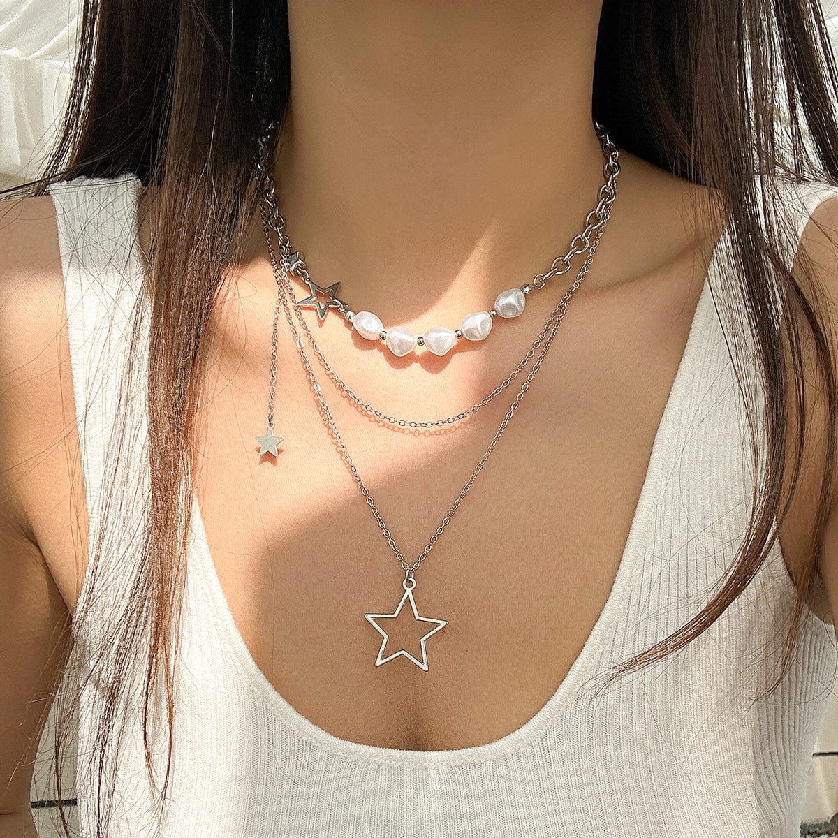 Bohemia Layered Starry Pendant Pearl Chain Necklace Set - ArtGalleryZen