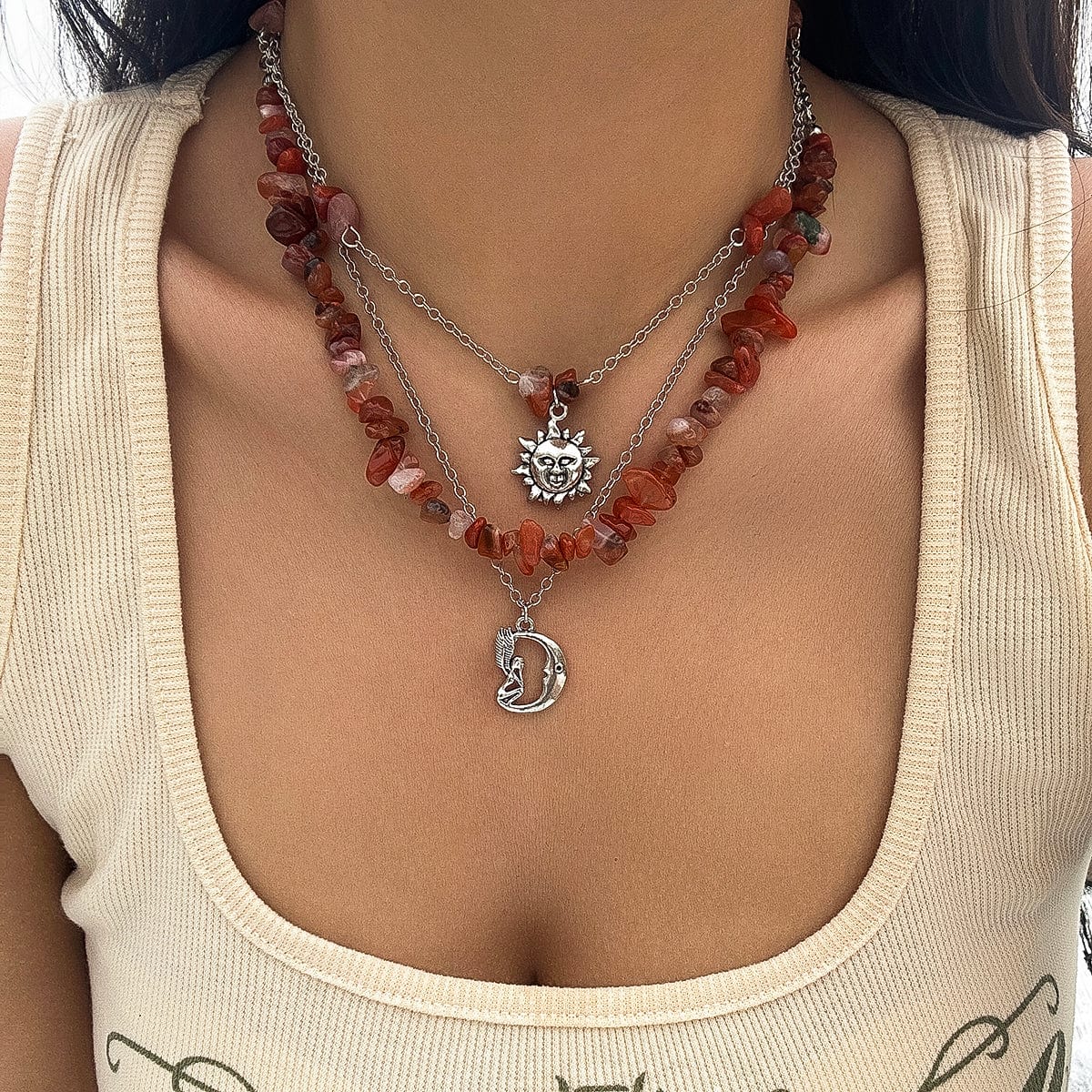 Chic Layered Sun Moon Pendant Turquoise Stone Stackable Necklace Set - ArtGalleryZen