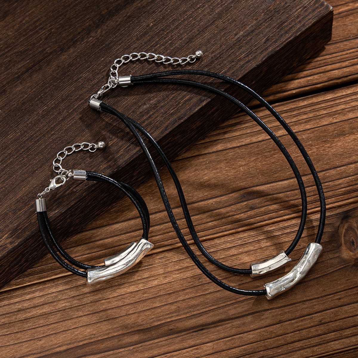 Chic Layered Textured Cylinder Charm Wax Cord String Necklace Bracelet Set - ArtGalleryZen