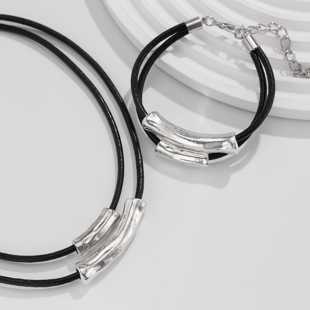 Chic Layered Textured Cylinder Charm Wax Cord String Necklace Bracelet Set - ArtGalleryZen