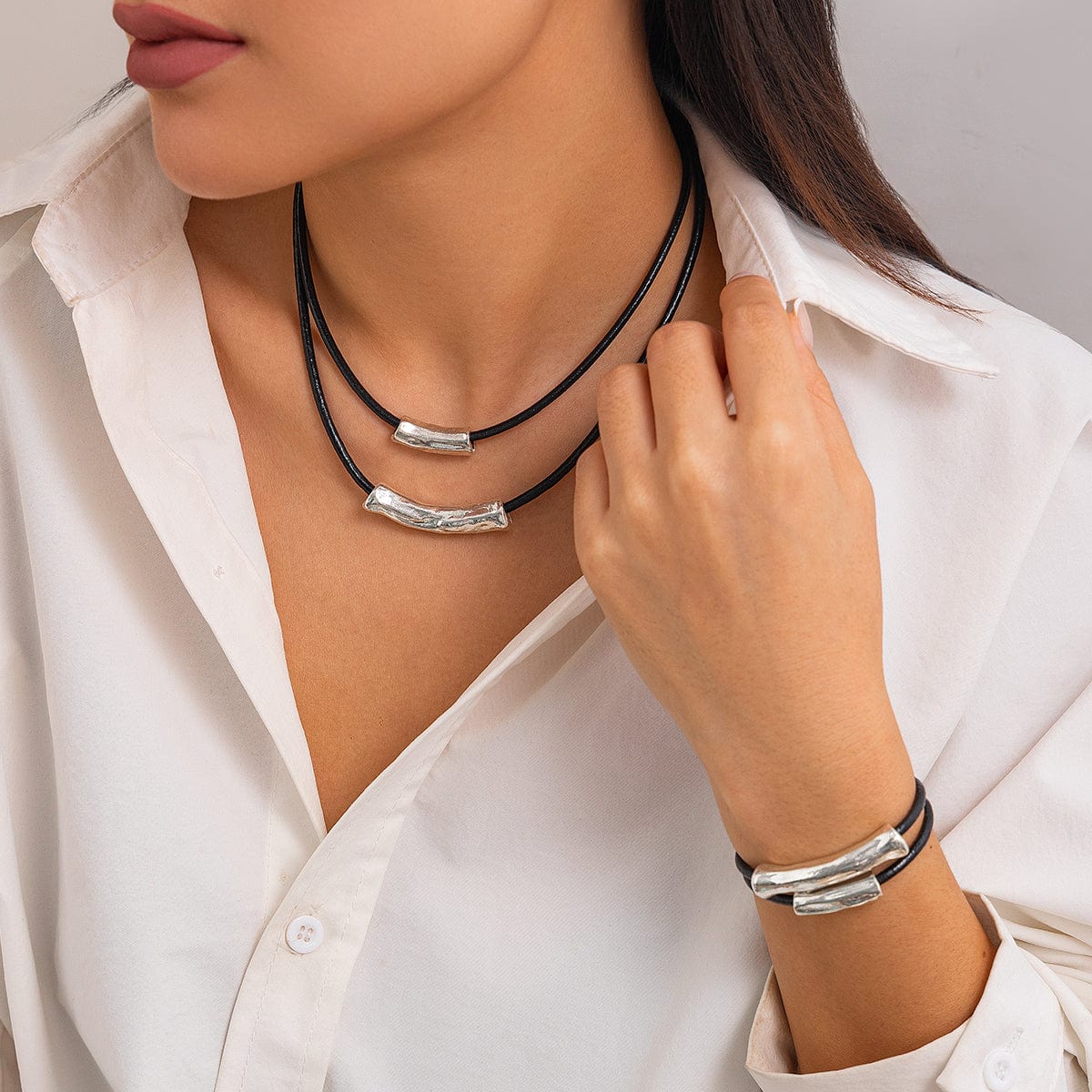 Chic Layered Textured Cylinder Charm Wax Cord String Necklace Bracelet Set - ArtGalleryZen