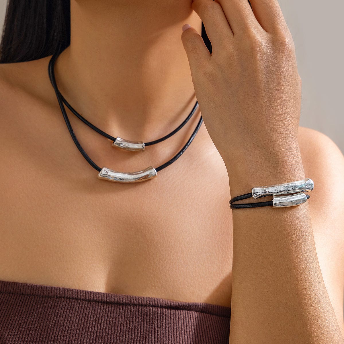 Chic Layered Textured Cylinder Charm Wax Cord String Necklace Bracelet Set - ArtGalleryZen