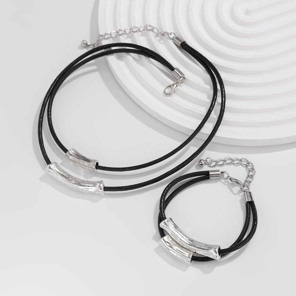 Chic Layered Textured Cylinder Charm Wax Cord String Necklace Bracelet Set - ArtGalleryZen