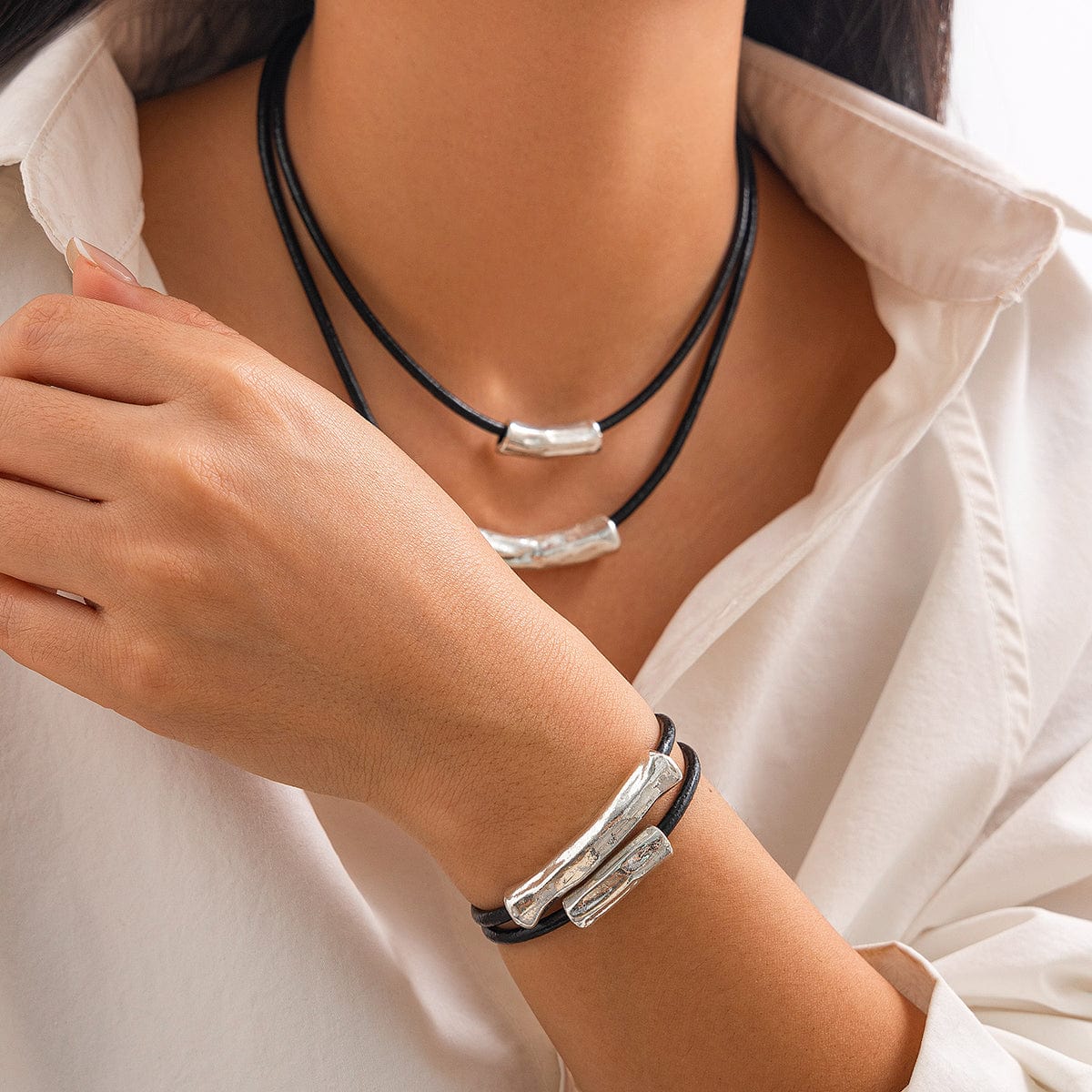 Chic Layered Textured Cylinder Charm Wax Cord String Necklace Bracelet Set - ArtGalleryZen