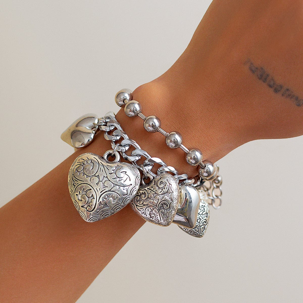 Chic Layered Textured Heart Tassel Ball Chain Bracelet Set - ArtGalleryZen
