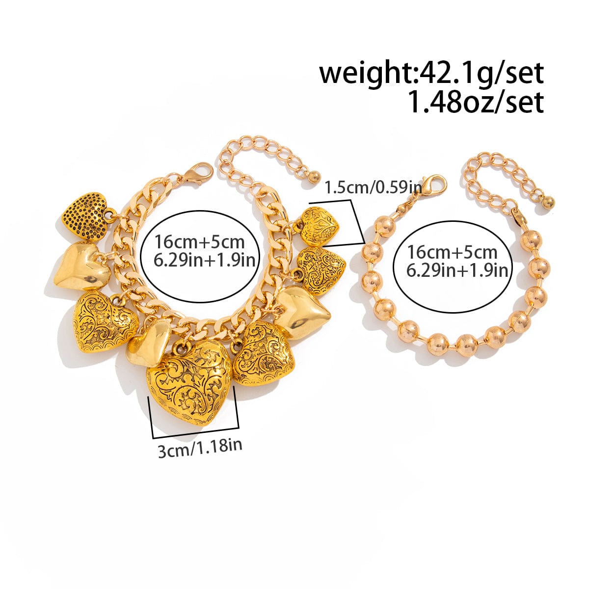 Chic Layered Textured Heart Tassel Ball Chain Bracelet Set