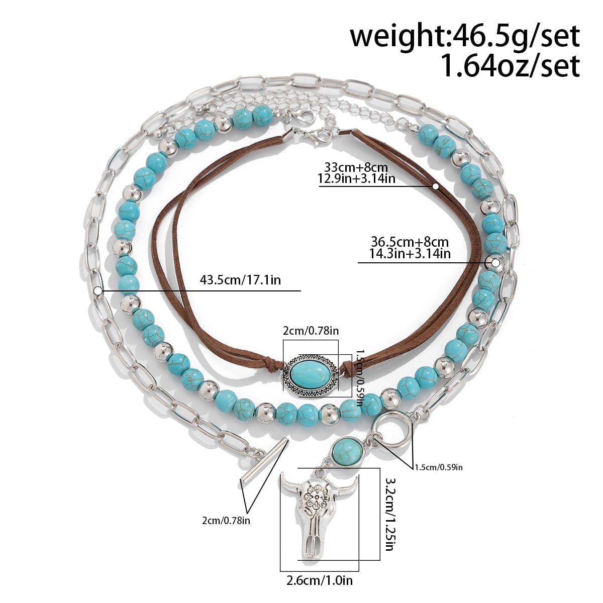 Chic Layered Toggle Clasp Bull Pendant Turquoise Chain Velvet Necklace Set - ArtGalleryZen