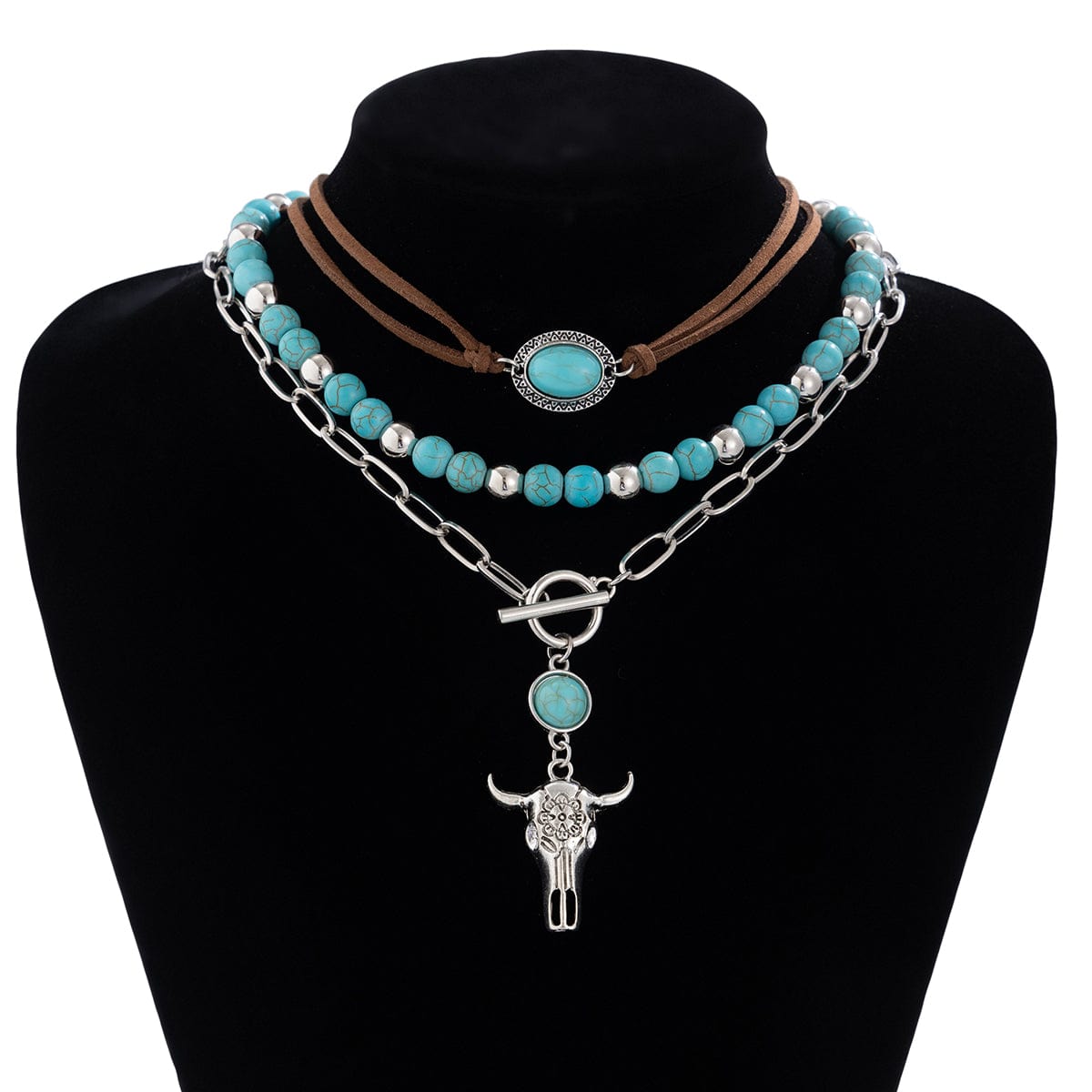 Chic Layered Toggle Clasp Bull Pendant Turquoise Chain Velvet Necklace Set - ArtGalleryZen